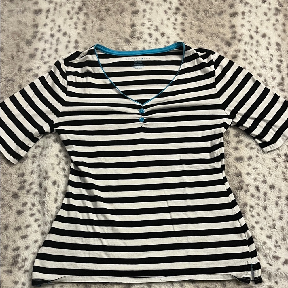 Altered Black and White Striped  V-Neck Top With Blue Accents